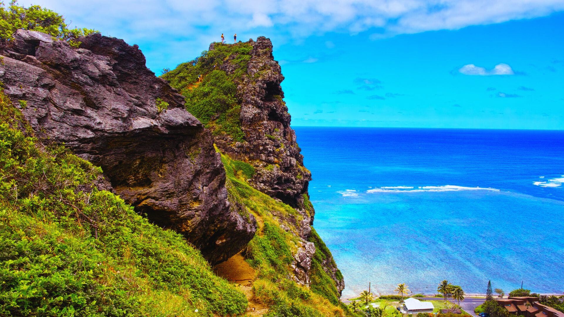 A rocky, lush green cliff overlooks a vibrant blue ocean. Tiny figures stand atop the cliff, conveying a sense of adventure and awe. Clear sky above.