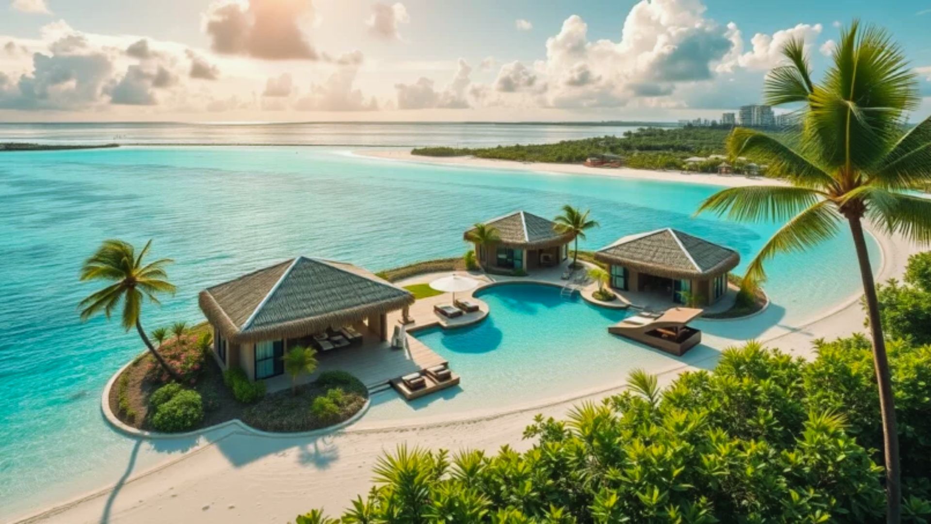 . A stunning view of luxurious hotels in the Maldives, showcasing overwater bungalows and pristine turquoise waters.