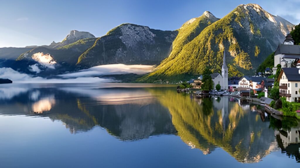 A stunning lakeside town view, featuring colorful houses and serene waters reflecting the sky.