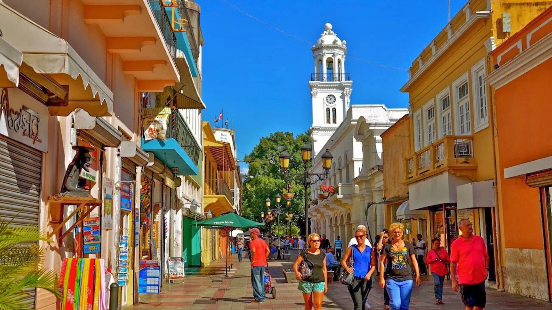 . A lively urban street scene with people strolling and engaging in activities in the heart of the city.