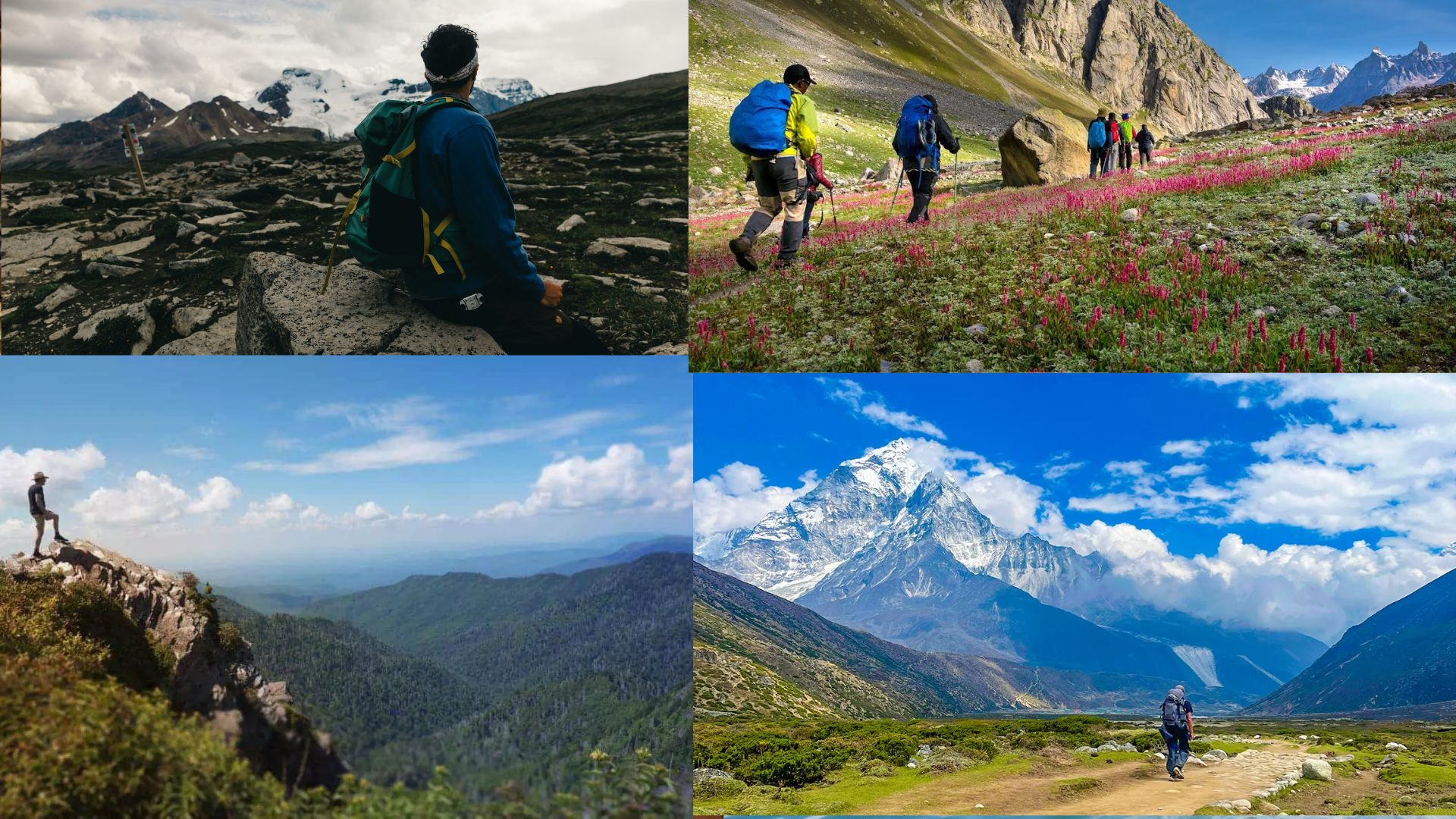 Four images of individuals hiking in various mountainous landscapes, showcasing diverse trails and scenic views.