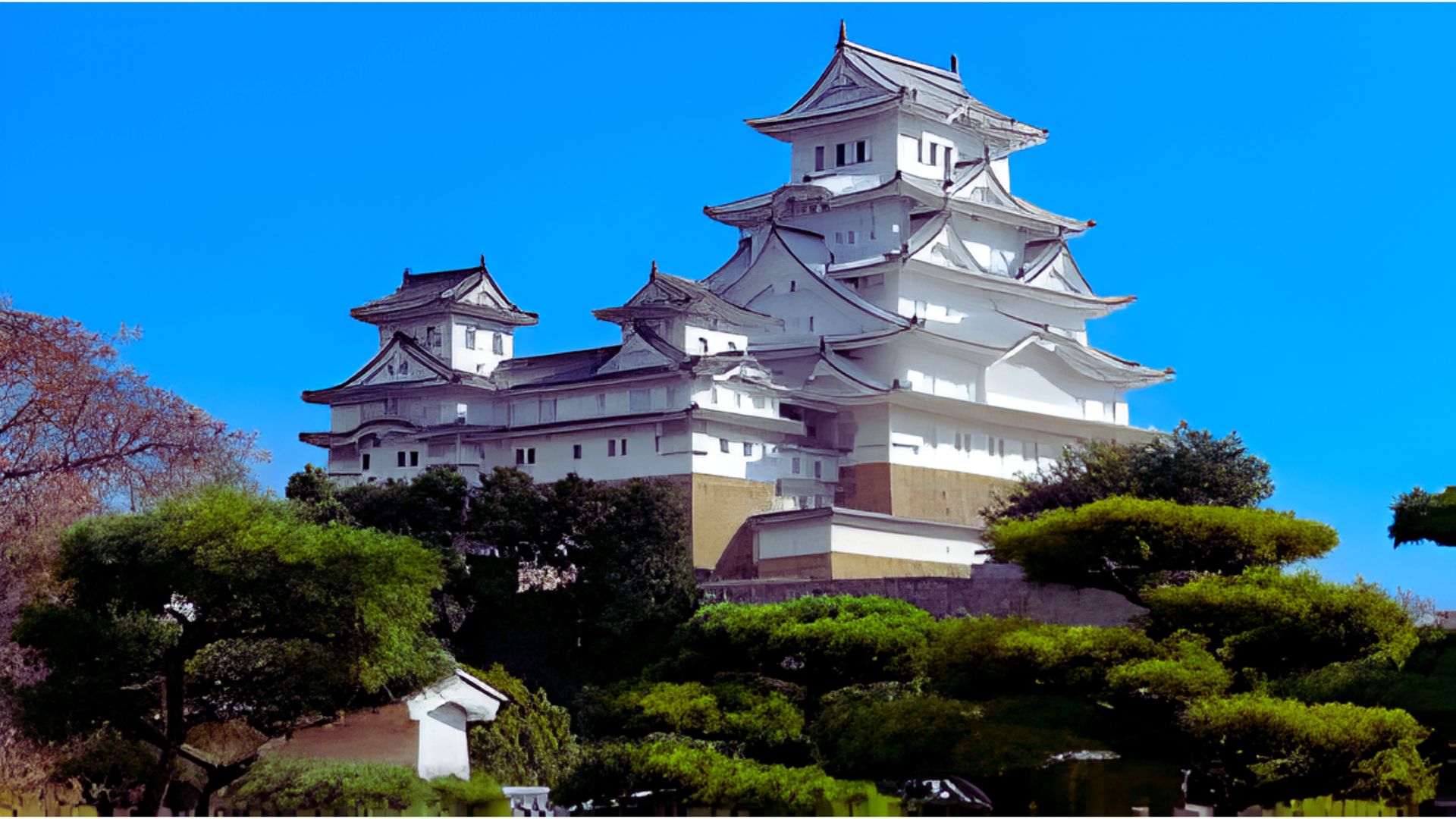 A large white castle stands majestically with a large tree in front, creating a picturesque scene.