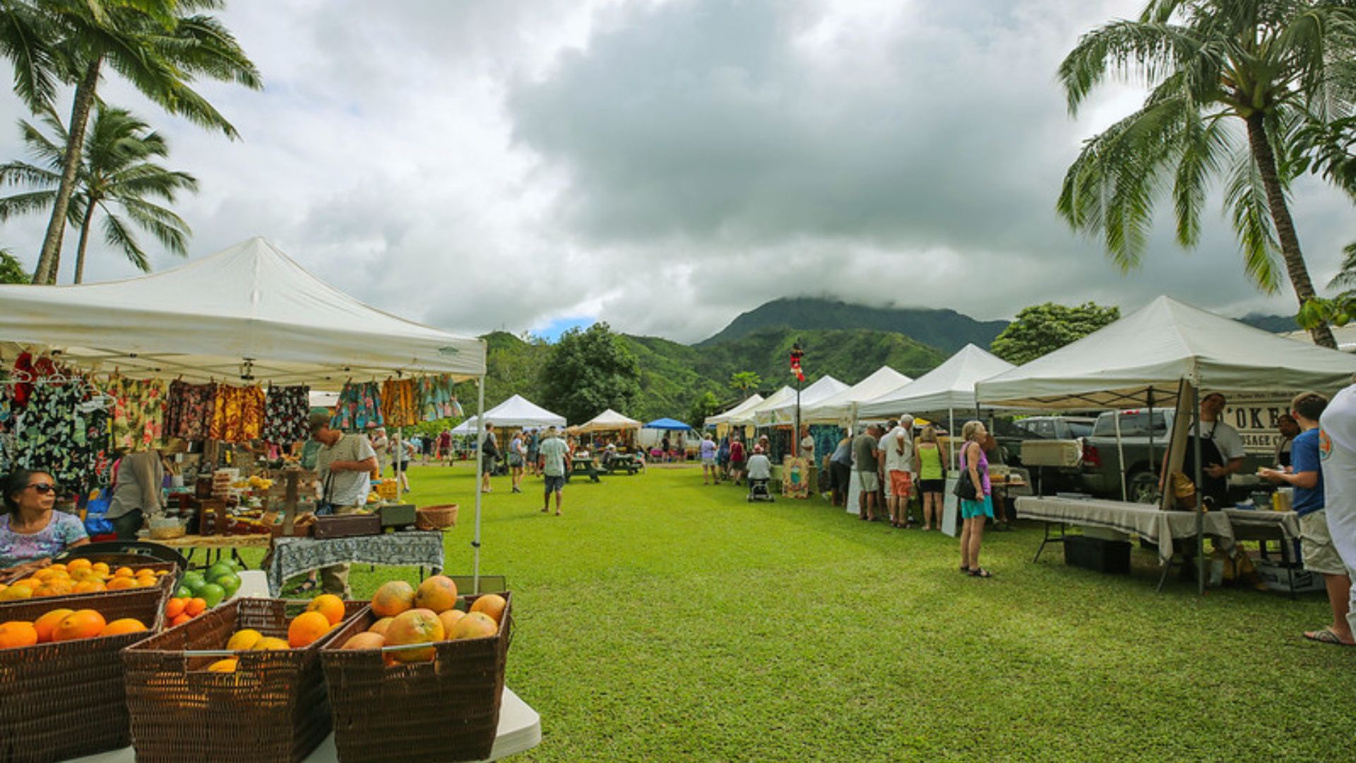 Outdoor farmers market with white tents on a grassy field. Vendors sell fresh produce and crafts. Palm trees and mountains under a cloudy sky add a tropical feel.