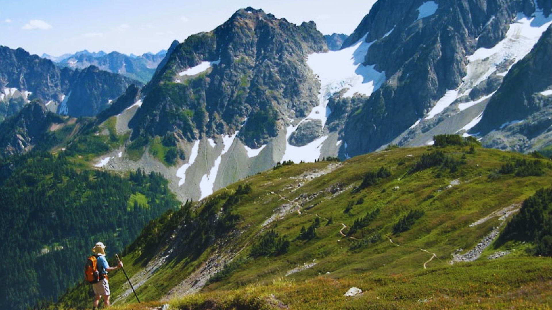 Hiker with an orange backpack stands on a lush green mountain trail, surrounded by majestic peaks with patches of snow, under a clear blue sky.