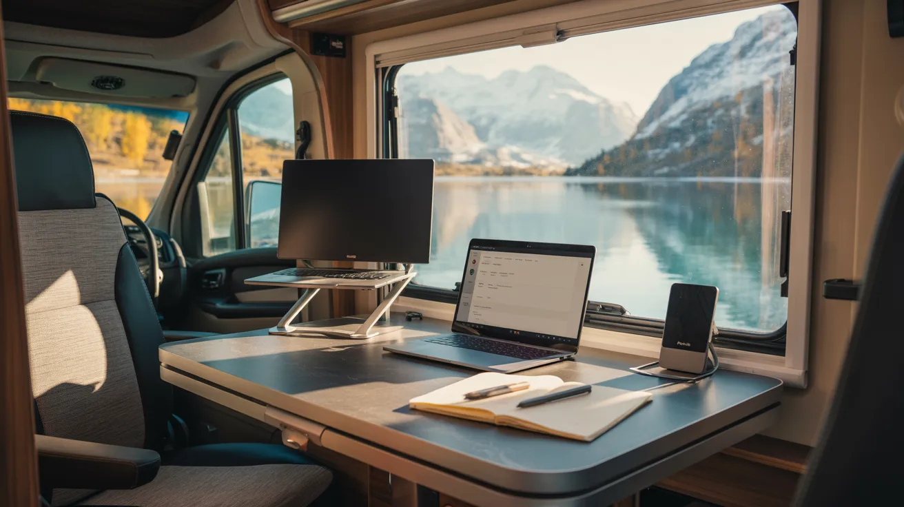 A laptop sits on a desk inside a camper van, showcasing a cozy workspace in a mobile setting.