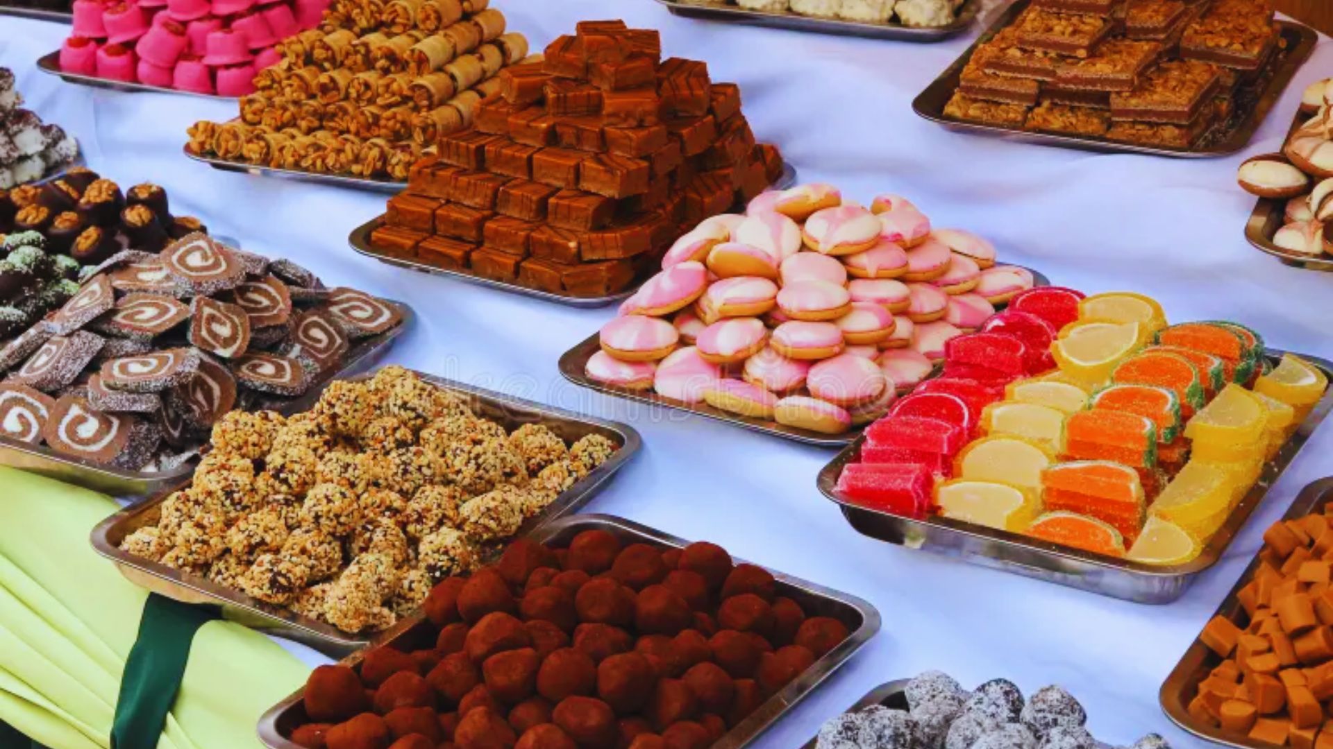 A colorful assortment of sweets displayed at a market, including candies, chocolates, and pastries in various shapes.