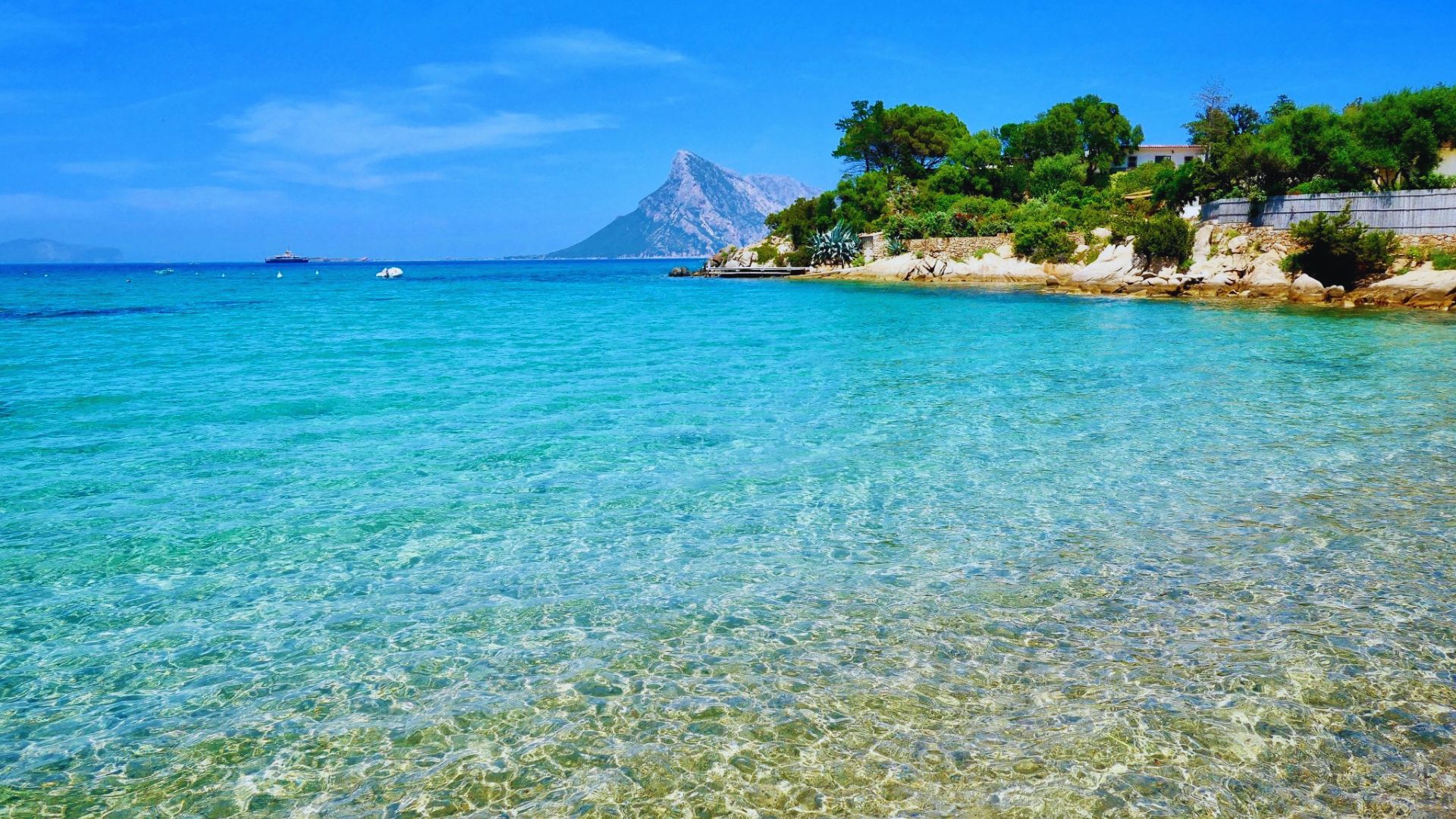 Clear turquoise waters gently lap a rocky shoreline with lush greenery under a bright blue sky, and a distant mountain creates a serene backdrop.