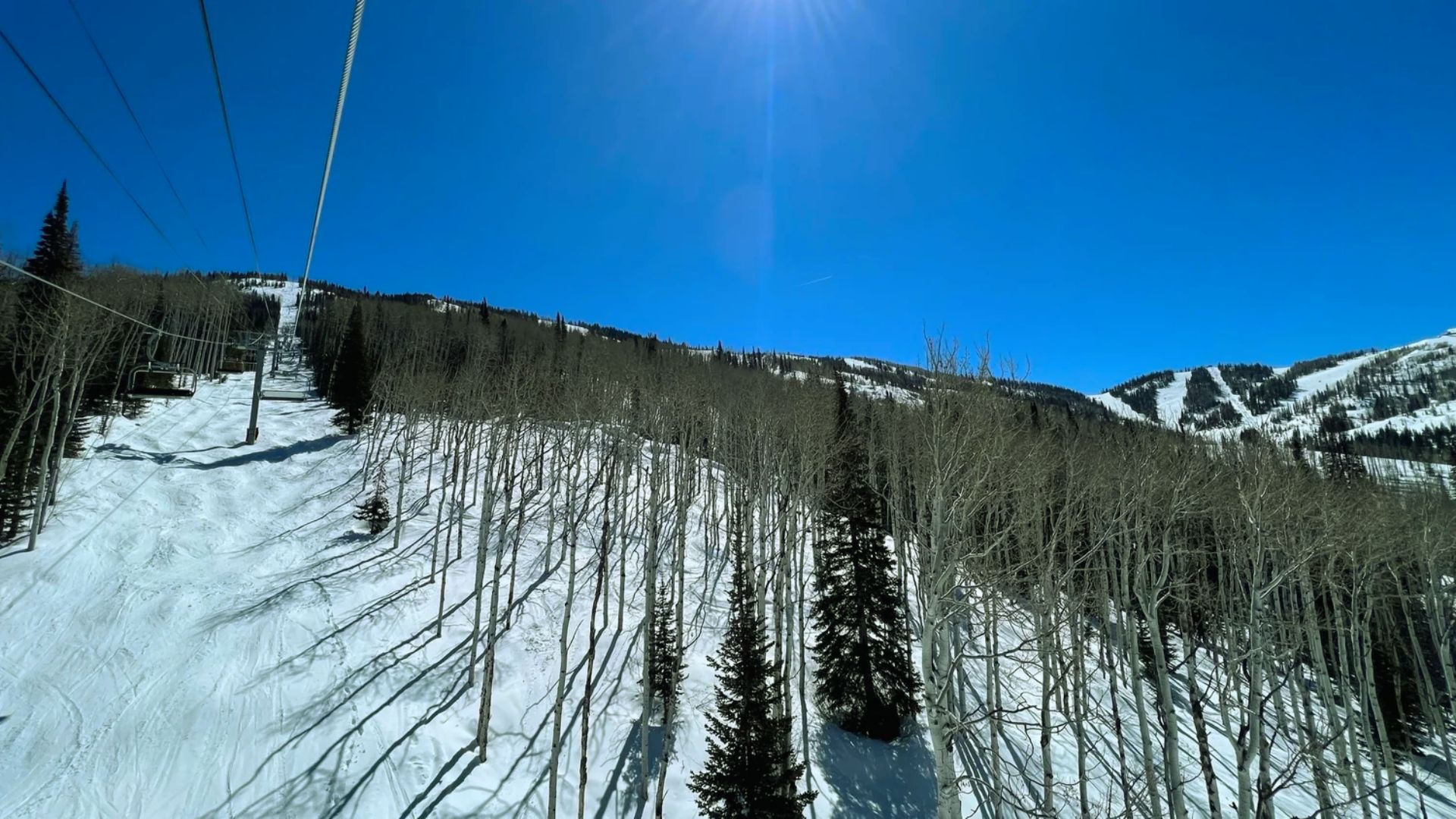 A bright winter scene of a snow-covered ski slope lined with bare trees under a clear blue sky. The sun shines brightly, conveying a crisp, serene atmosphere.