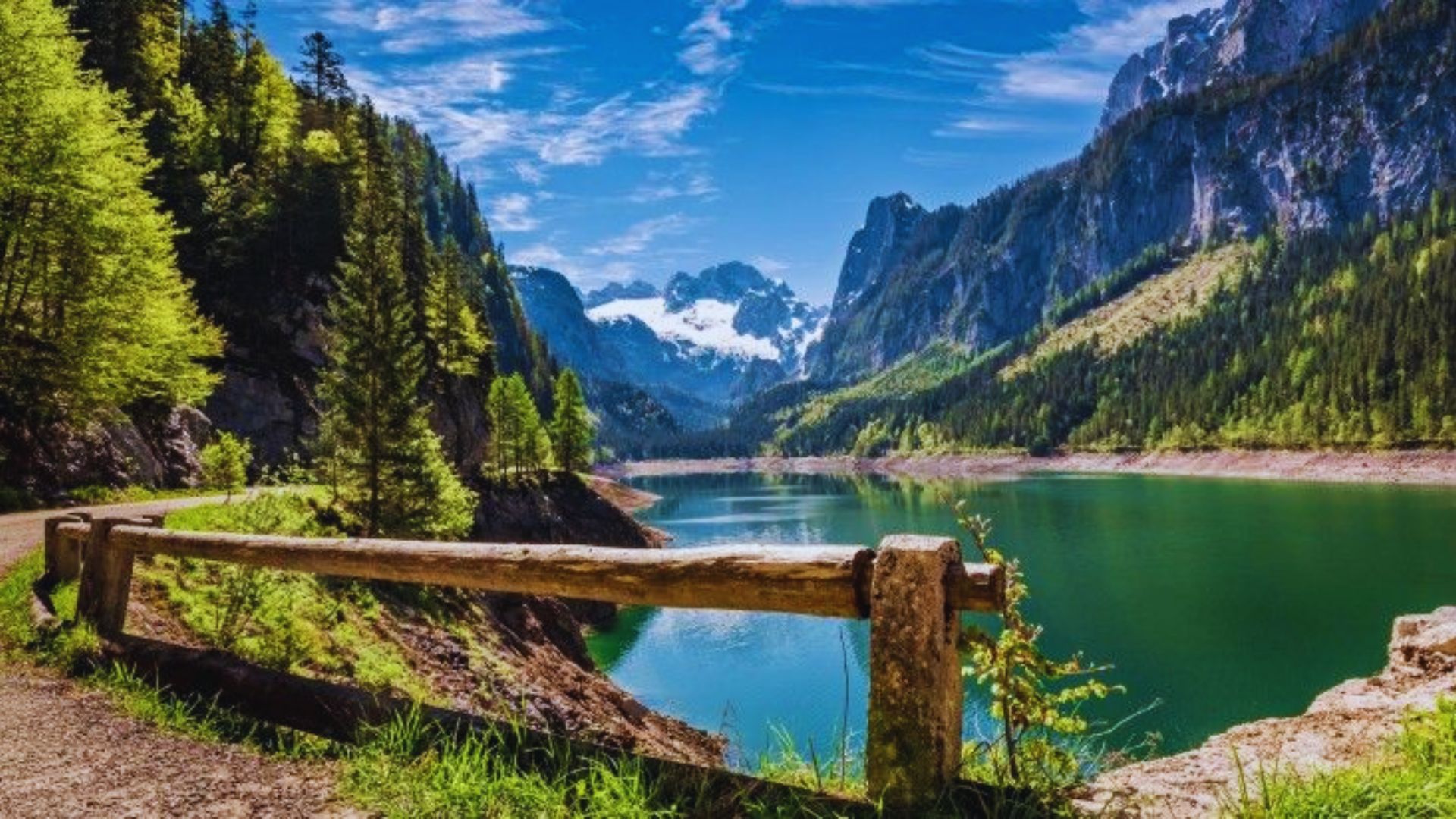 A serene lake nestled among towering mountains and lush green trees under a clear blue sky.