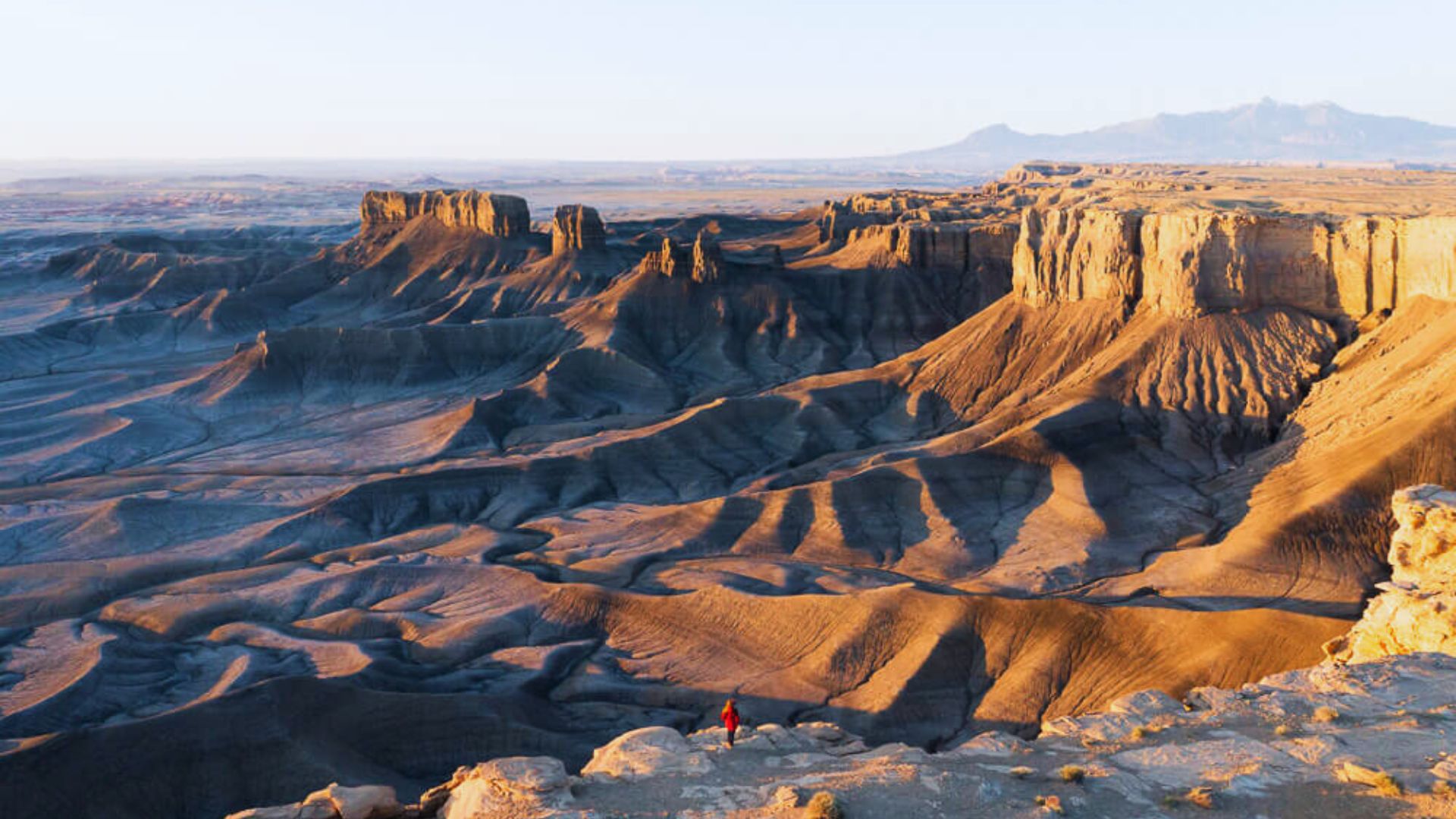 Vast desert landscape with expansive canyons and cliffs under a clear sky. A solitary person in a red jacket stands on a rock, emphasizing the scene's grandeur.
