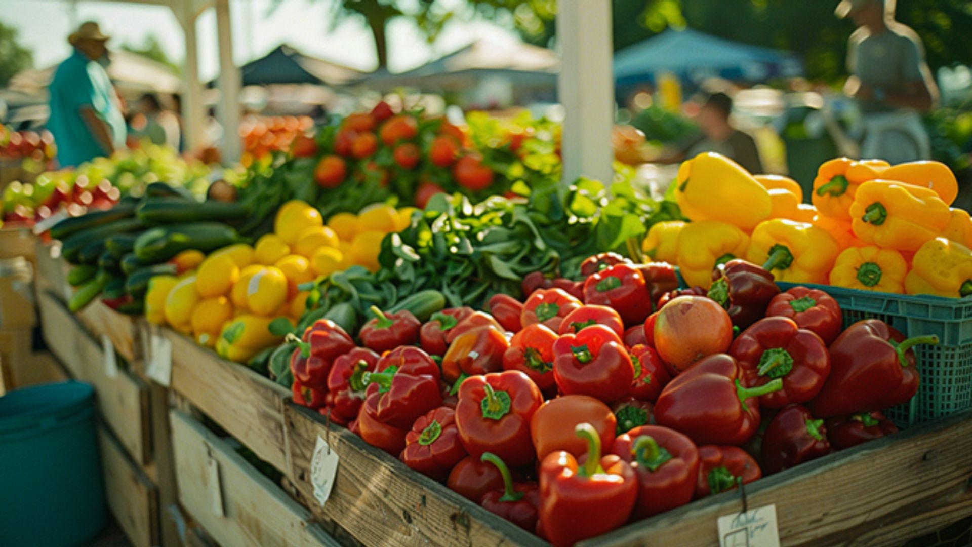 A vibrant farmer's market filled with a variety of fresh vegetables displayed in colorful baskets and crates.