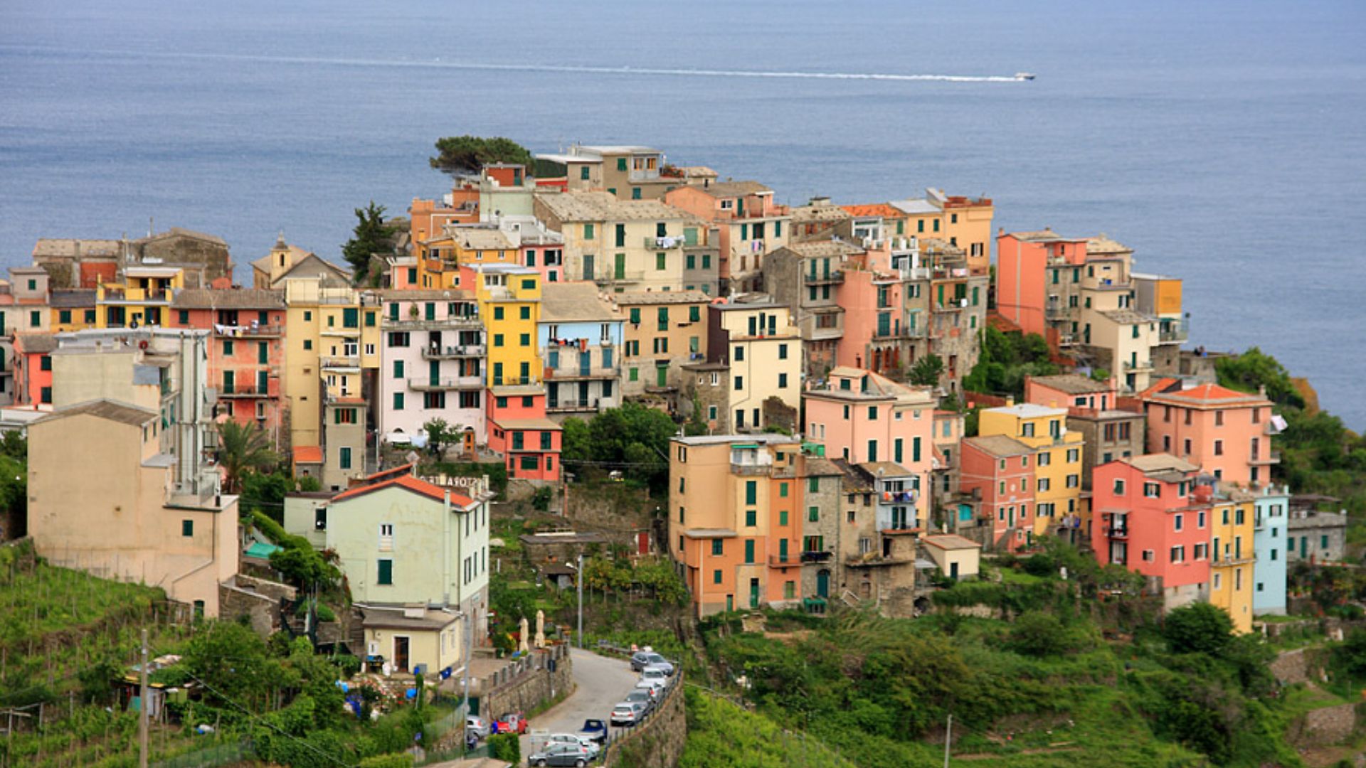 Vibrant hillside homes overlooking the ocean, showcasing a picturesque coastal landscape.