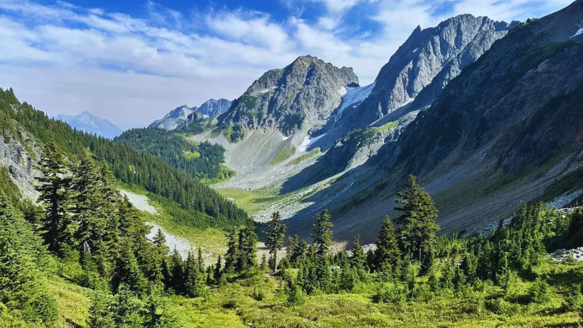 Lush green valley surrounded by rugged, towering mountains under a bright blue sky. Dense evergreen trees create a serene, majestic atmosphere.