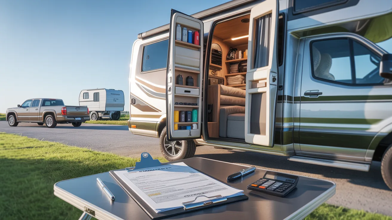 An RV interior featuring a table with a laptop placed on it, showcasing a workspace in a mobile setting.