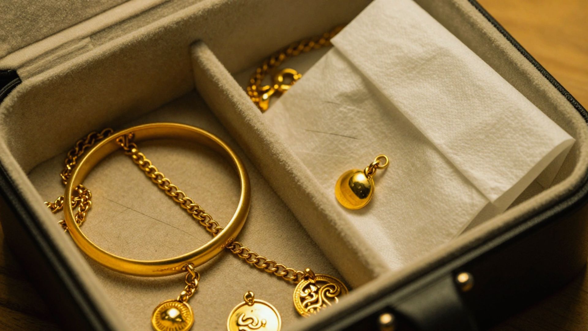 Gold jewelry displayed elegantly inside a black box, showcasing its shine and intricate design.