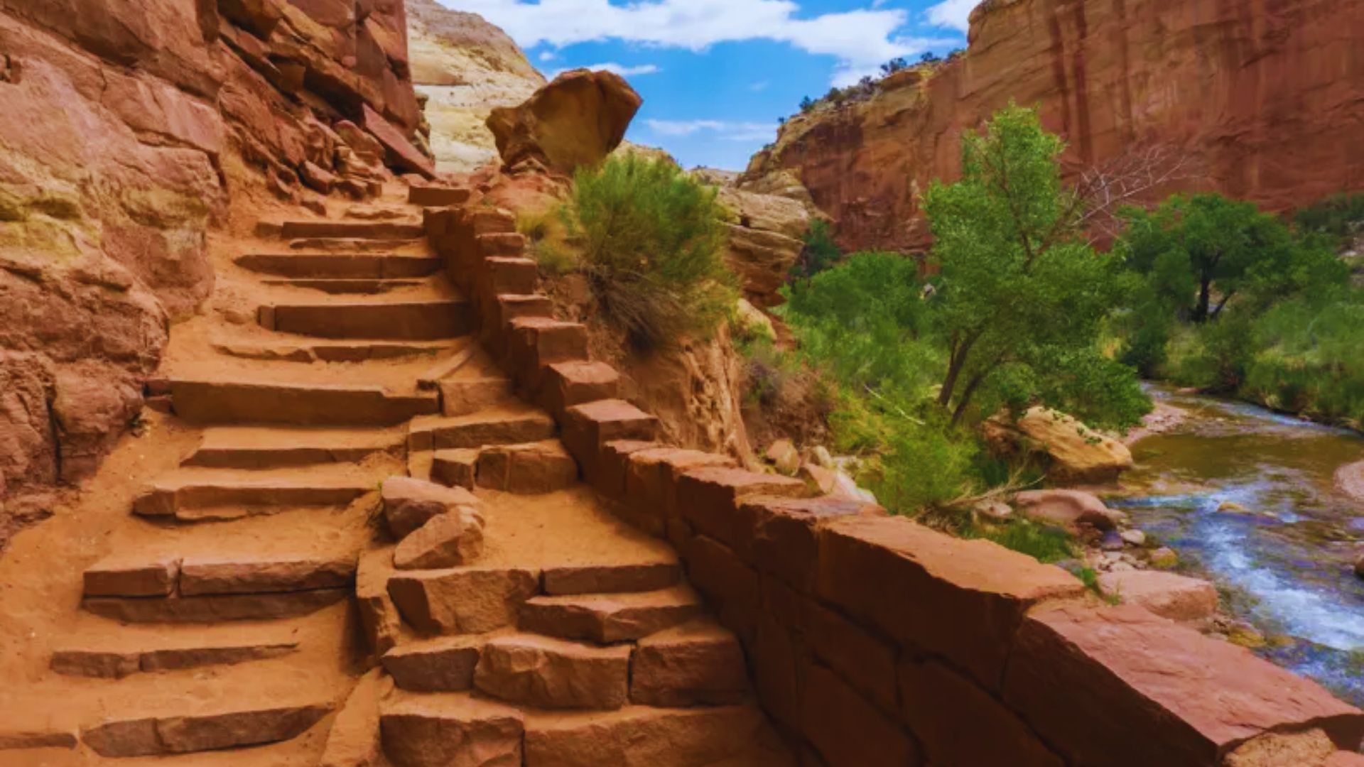 A winding path leads to a canyon, with a serene stream flowing through the rocky landscape.