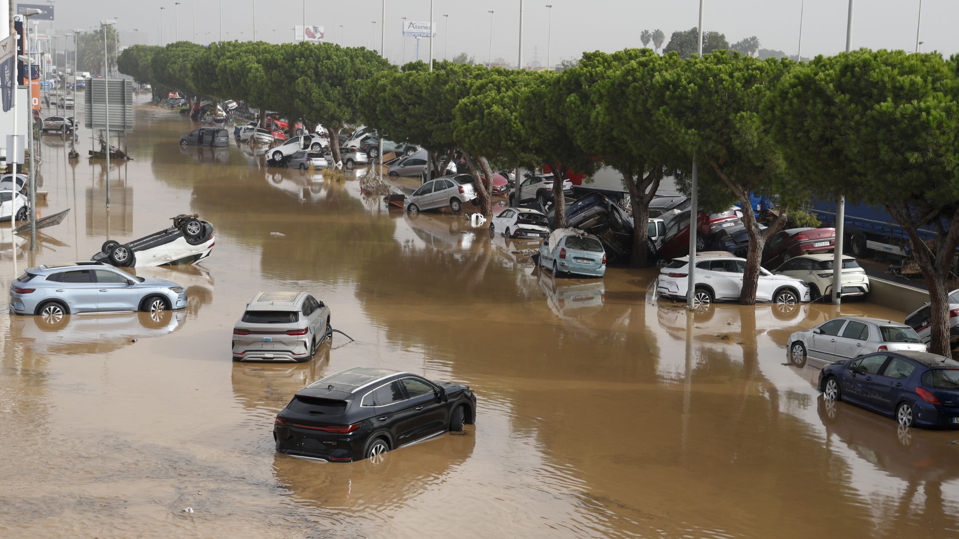 Cars are parked in a flooded city street, with water covering the pavement and buildings visible in the background.