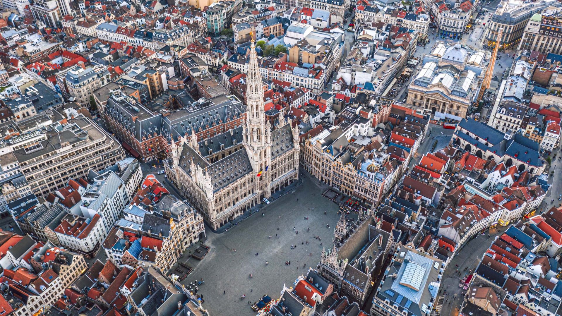 Aerial view of Brussels showcasing its historic architecture and urban layout under a clear blue sky.