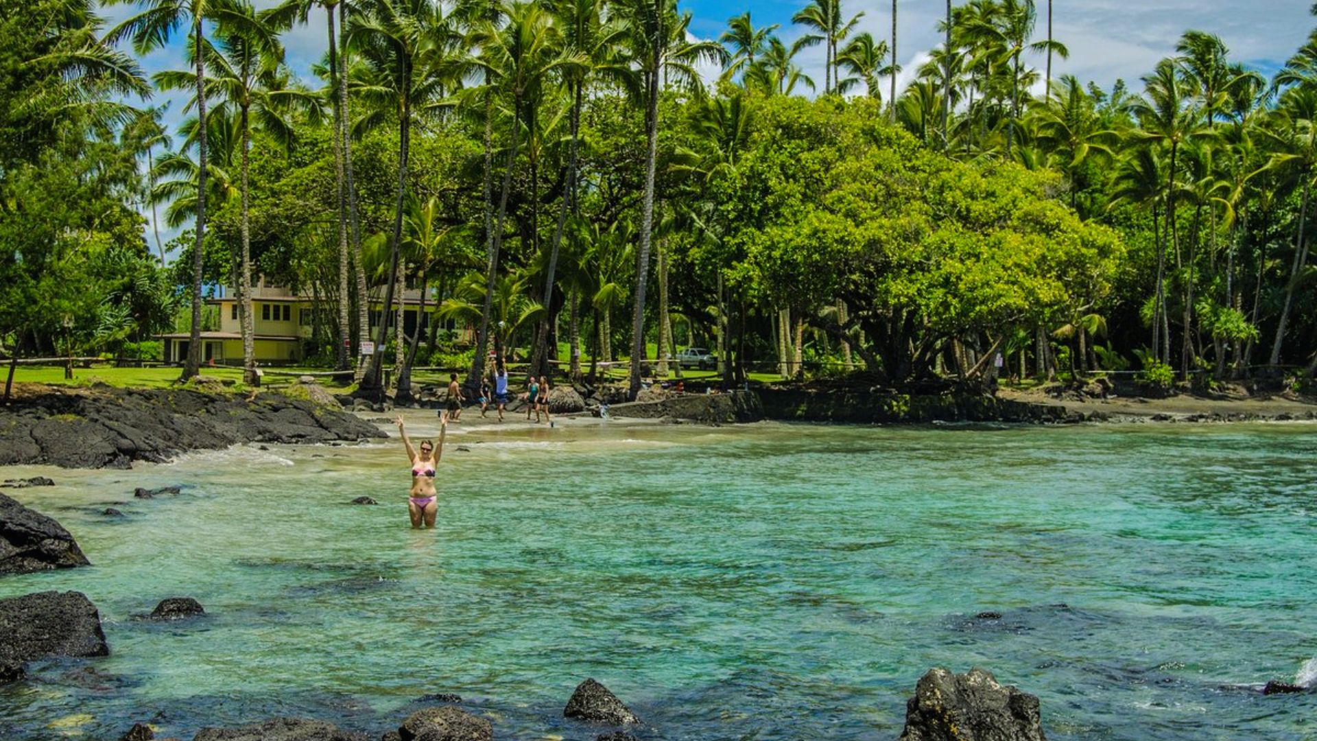 A person in a swimsuit stands in clear turquoise water, arms raised, with a backdrop of lush palm trees and a small beach. The scene is vibrant and tropical.