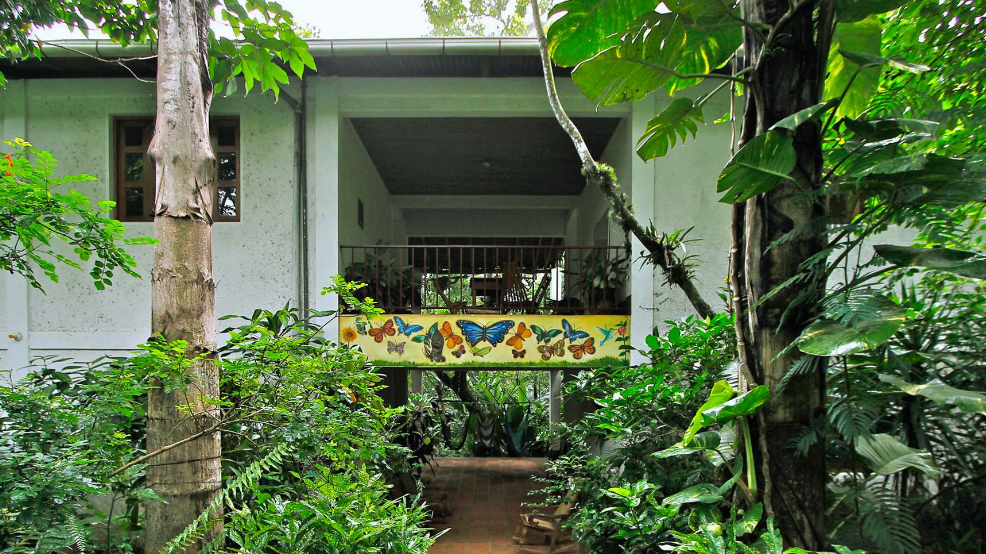 A lush, tropical garden surrounds a white building. The balcony is adorned with a vibrant butterfly mural, creating a serene, natural atmosphere.