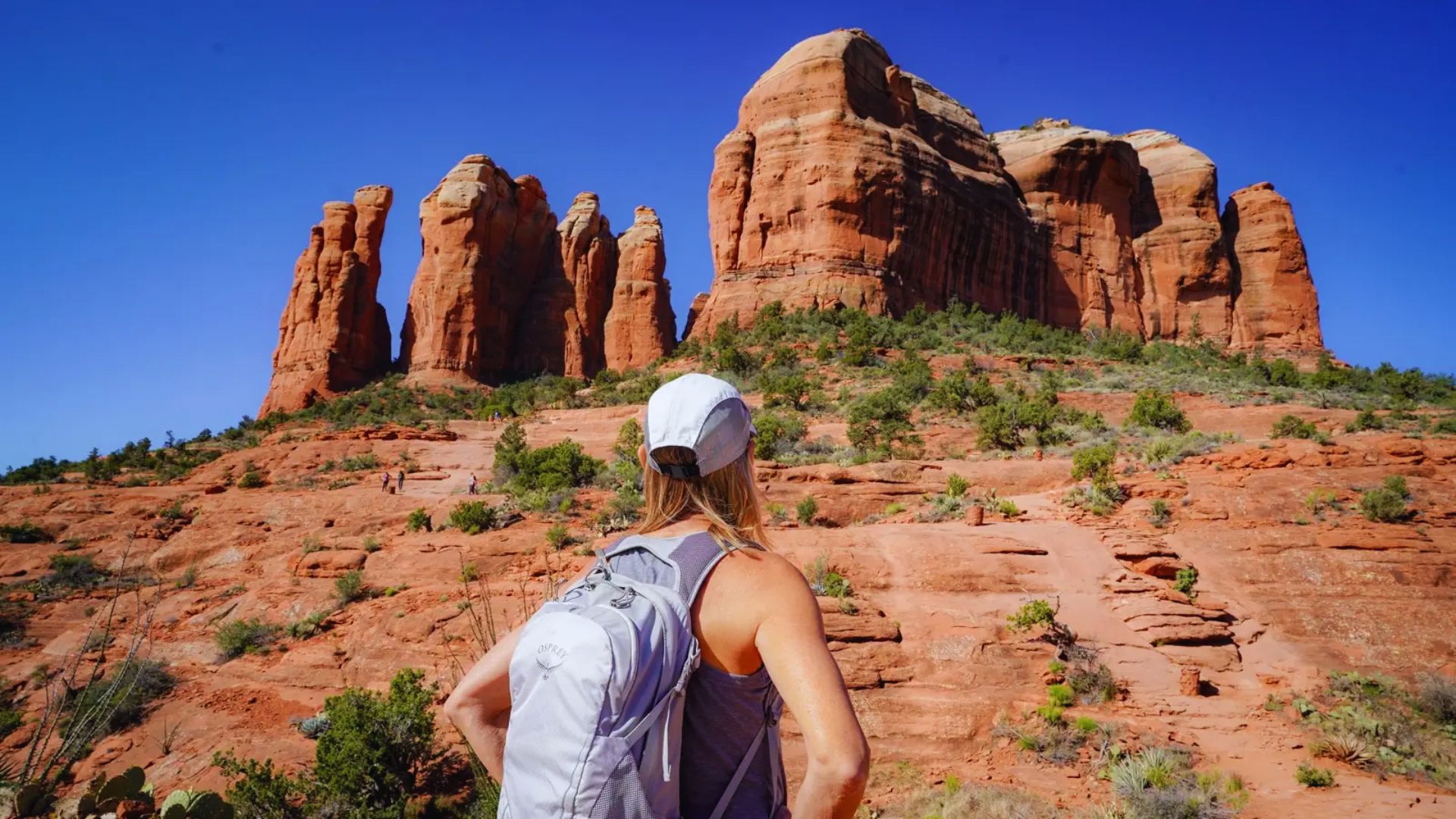 A hiker with a white cap and backpack gazes at towering red rock formations in a sunny desert landscape, conveying a sense of adventure and exploration.