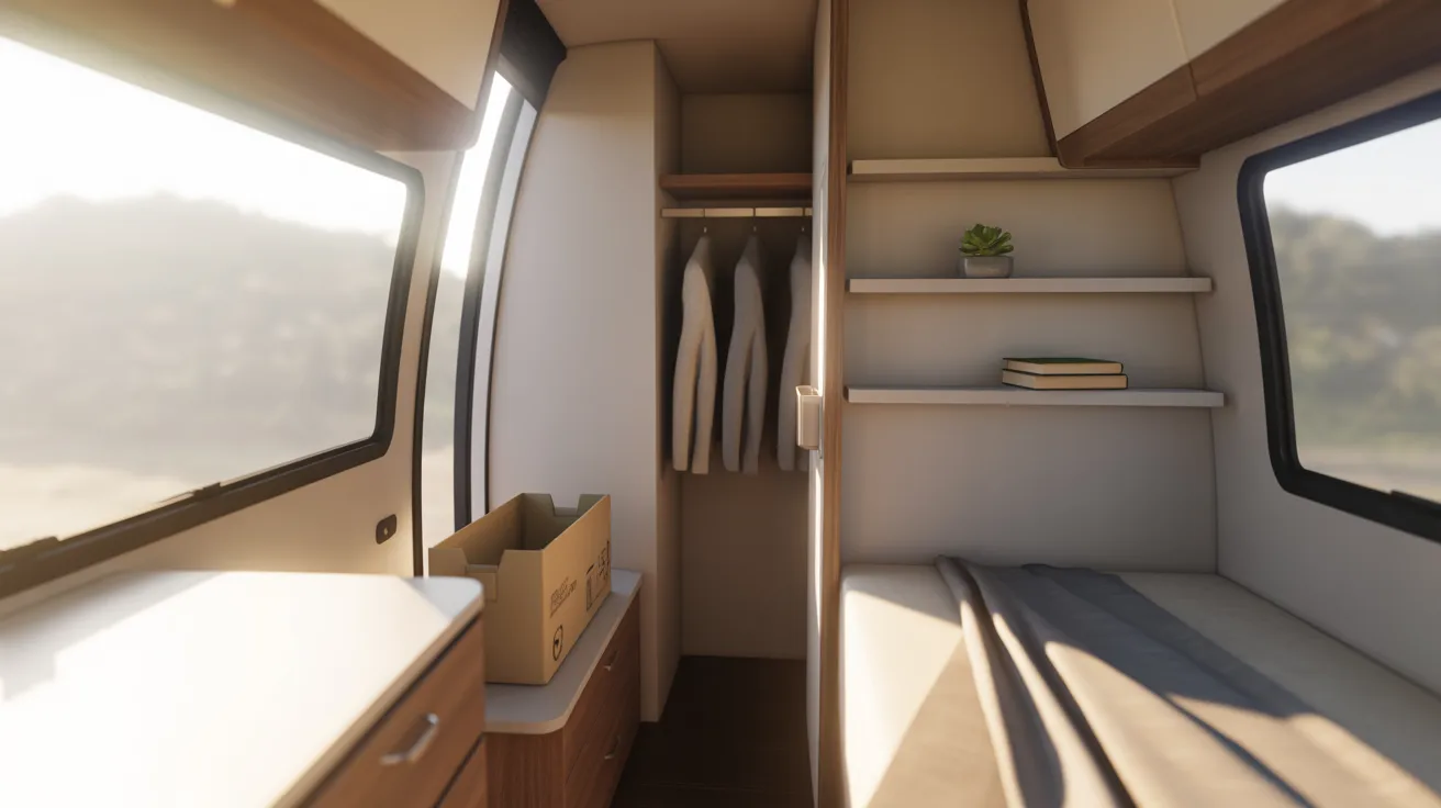A cozy small bedroom inside a camper van, featuring a bed, storage, and window for natural light.