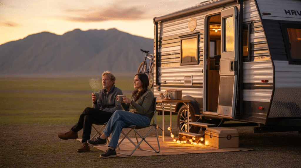 A couple relaxes on a chair beside their RV, enjoying the outdoors in a serene setting.