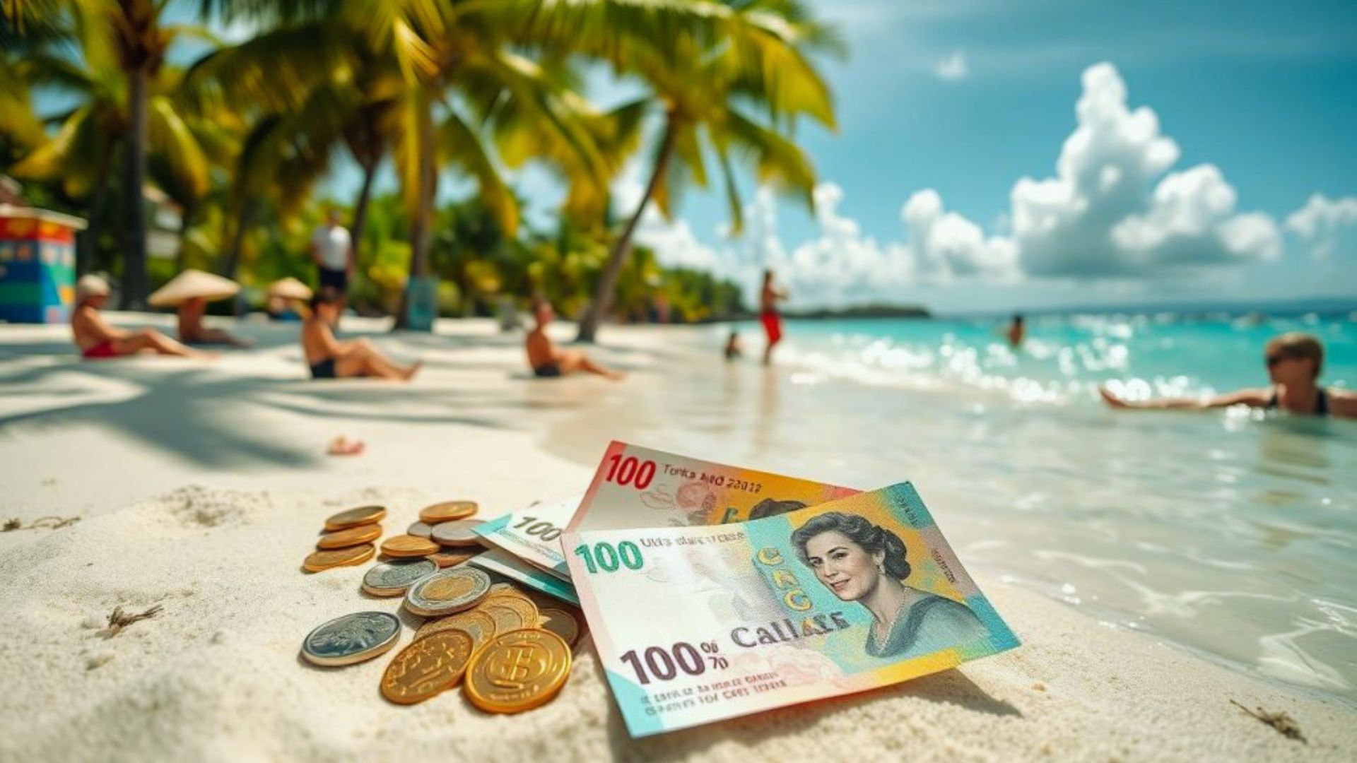 . Canadian currency scattered on a sandy beach, with gentle waves in the background.