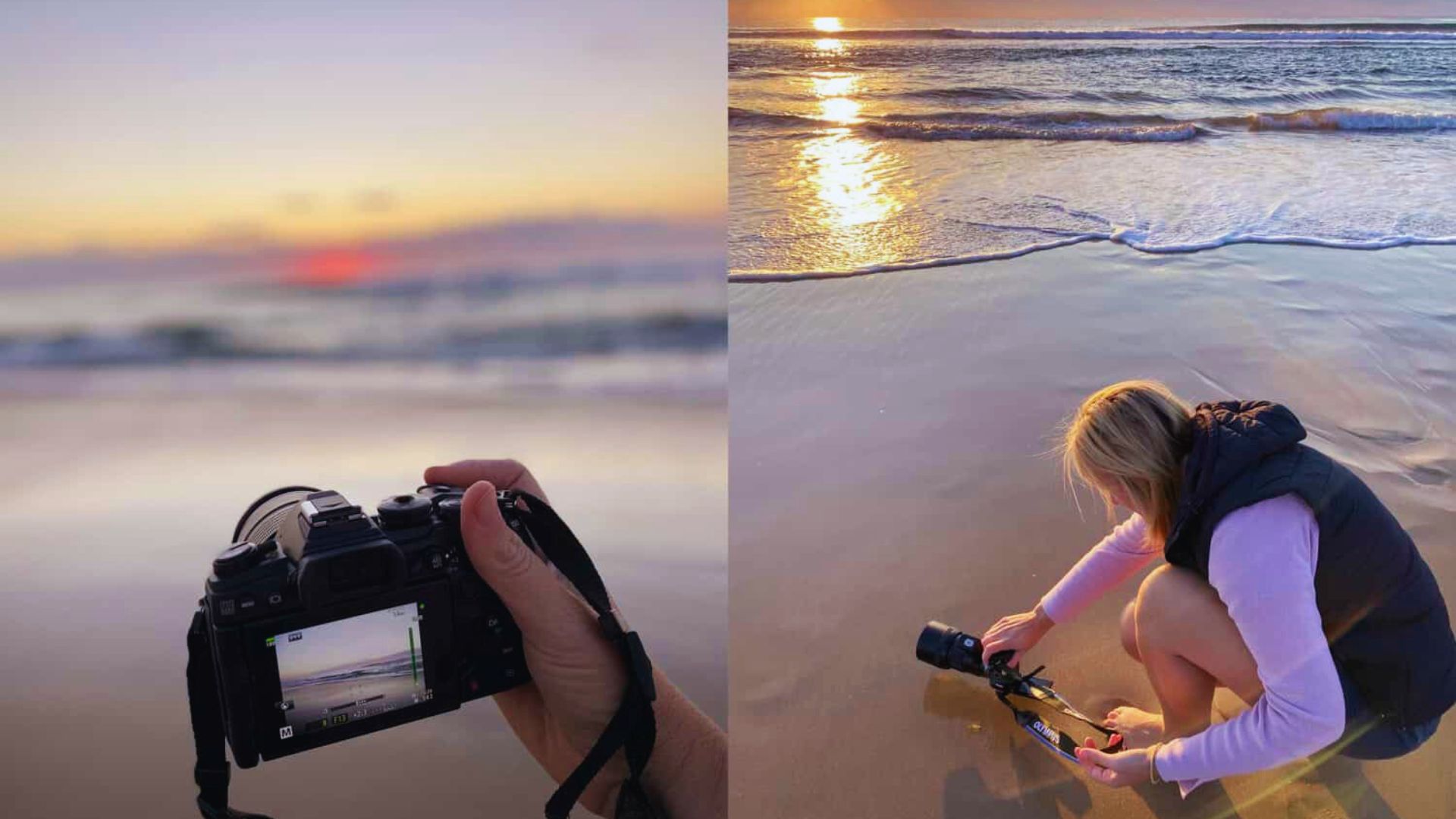 A woman photographing a vibrant sunset while standing on the beach, with waves gently lapping at her feet.