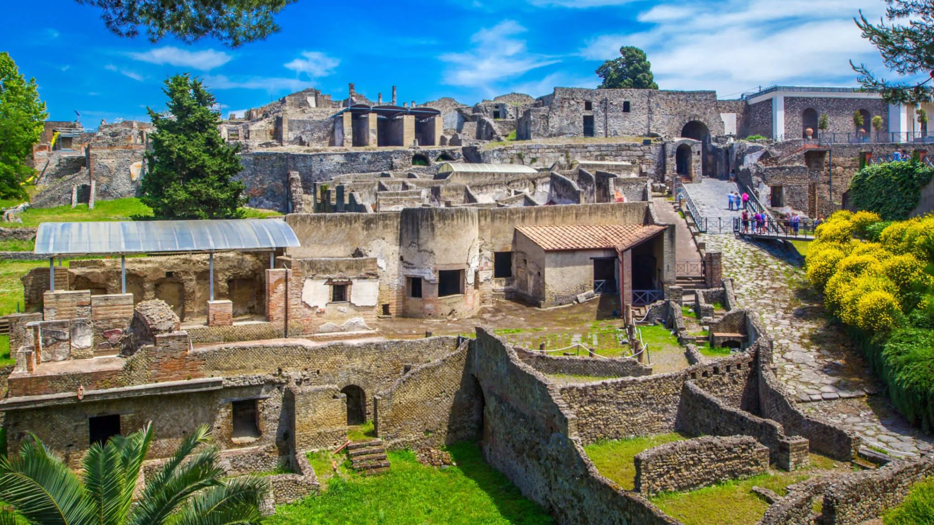 The ancient ruins of Pompeii, Italy, showcasing preserved structures and remnants of a once-thriving Roman city.