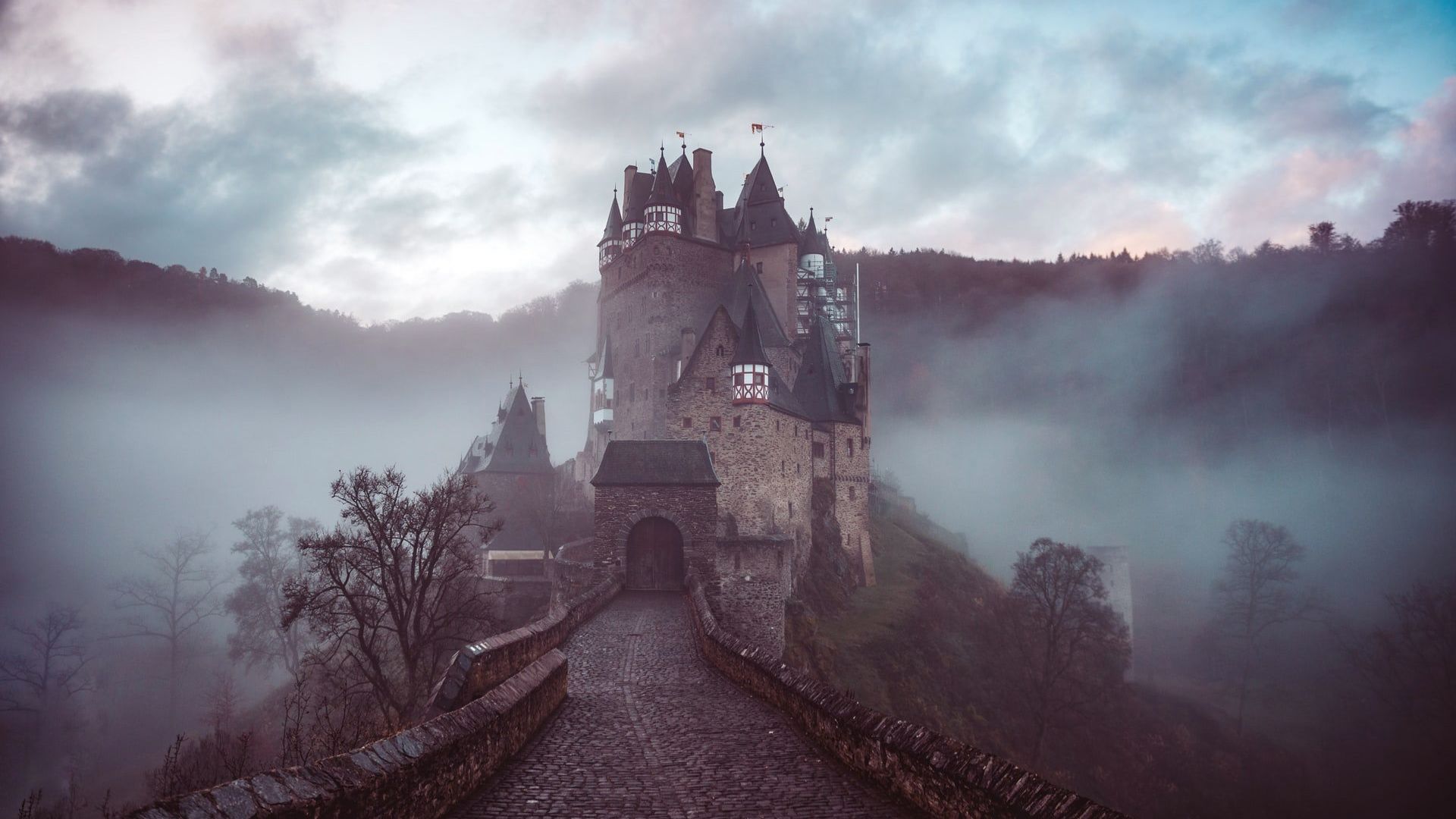 A misty medieval castle rests atop a hill, surrounded by fog-covered trees. A cobblestone path leads towards the entrance, evoking a mysterious, enchanting mood.