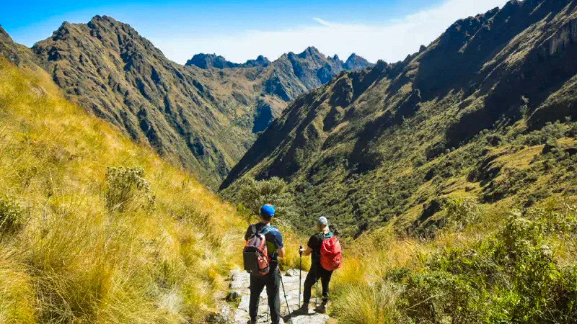Two hikers with backpacks and walking sticks traverse a winding trail through a lush mountain valley under a clear blue sky, evoking adventure and tranquility.