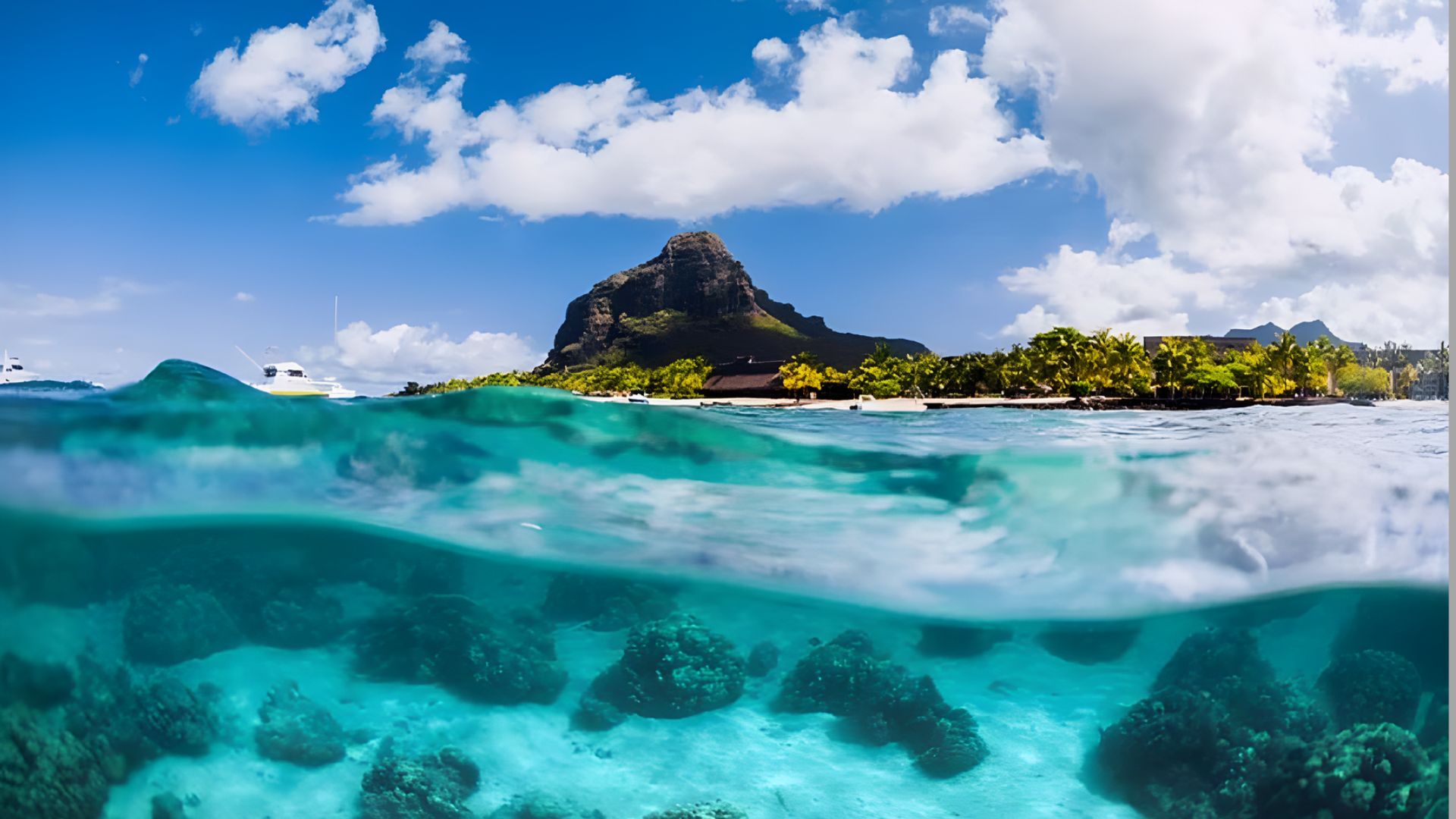 Split-view photo of a tropical island with clear blue water and coral reefs below, lush green trees, and a mountain under a bright sky above.