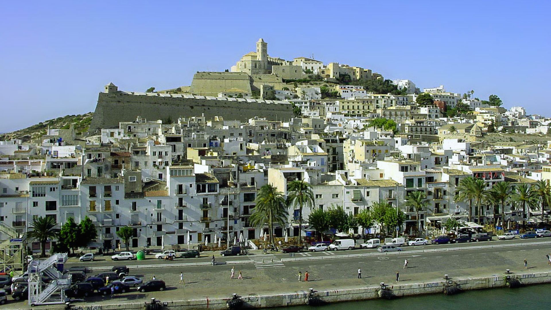 Panoramic view of a historic hillside town with white buildings, a fortress at the top, palm trees lining the waterfront, and people walking by.