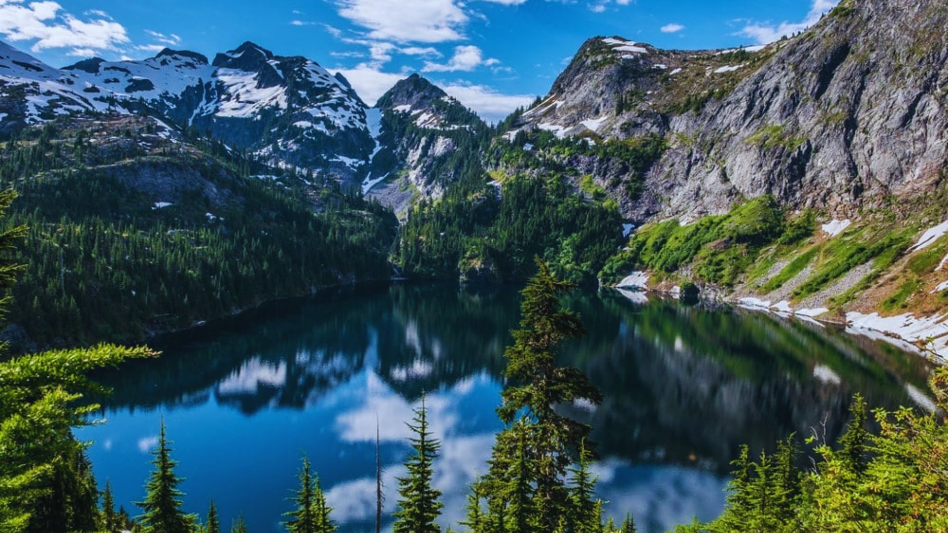 A serene mountain lake surrounded by snow-capped peaks and lush evergreen trees reflecting in blue waters under a clear, vibrant sky.