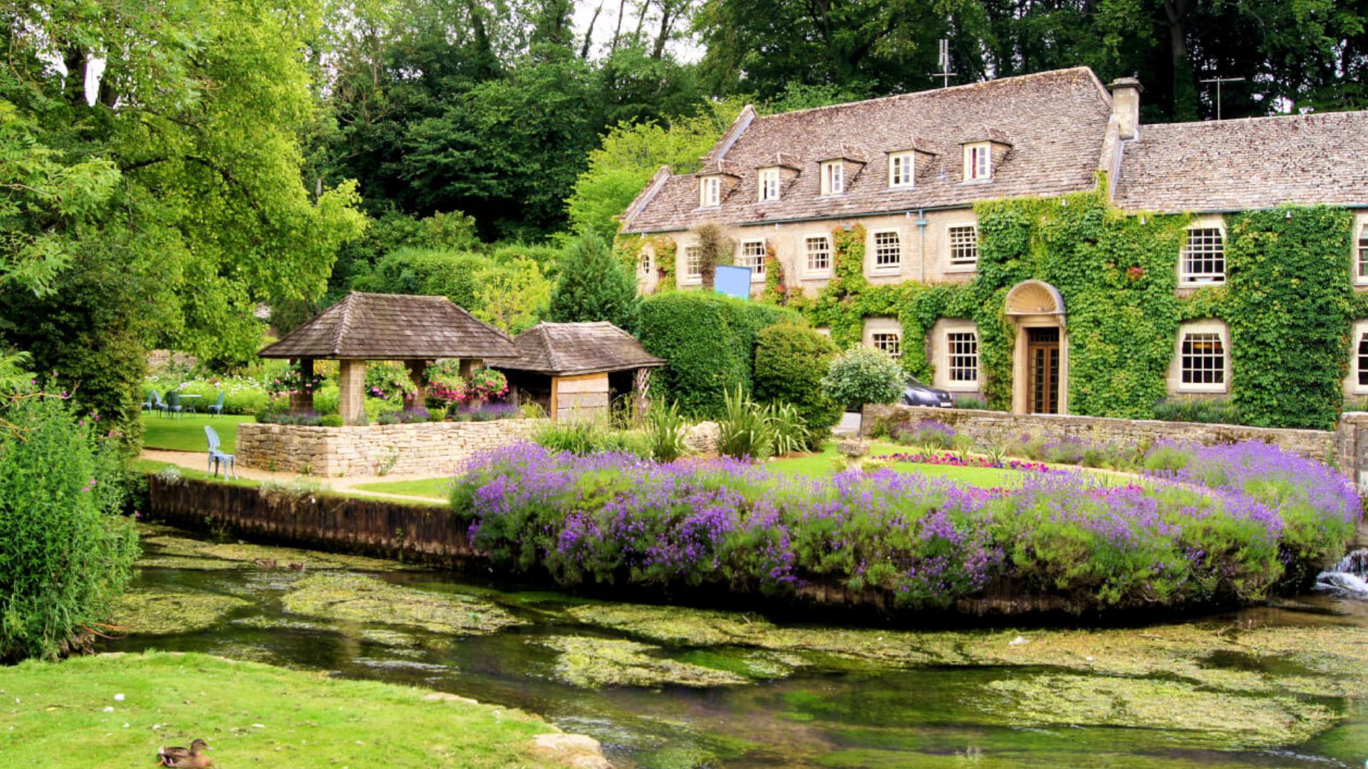A charming house nestled in nature, featuring a tranquil stream that runs alongside it.