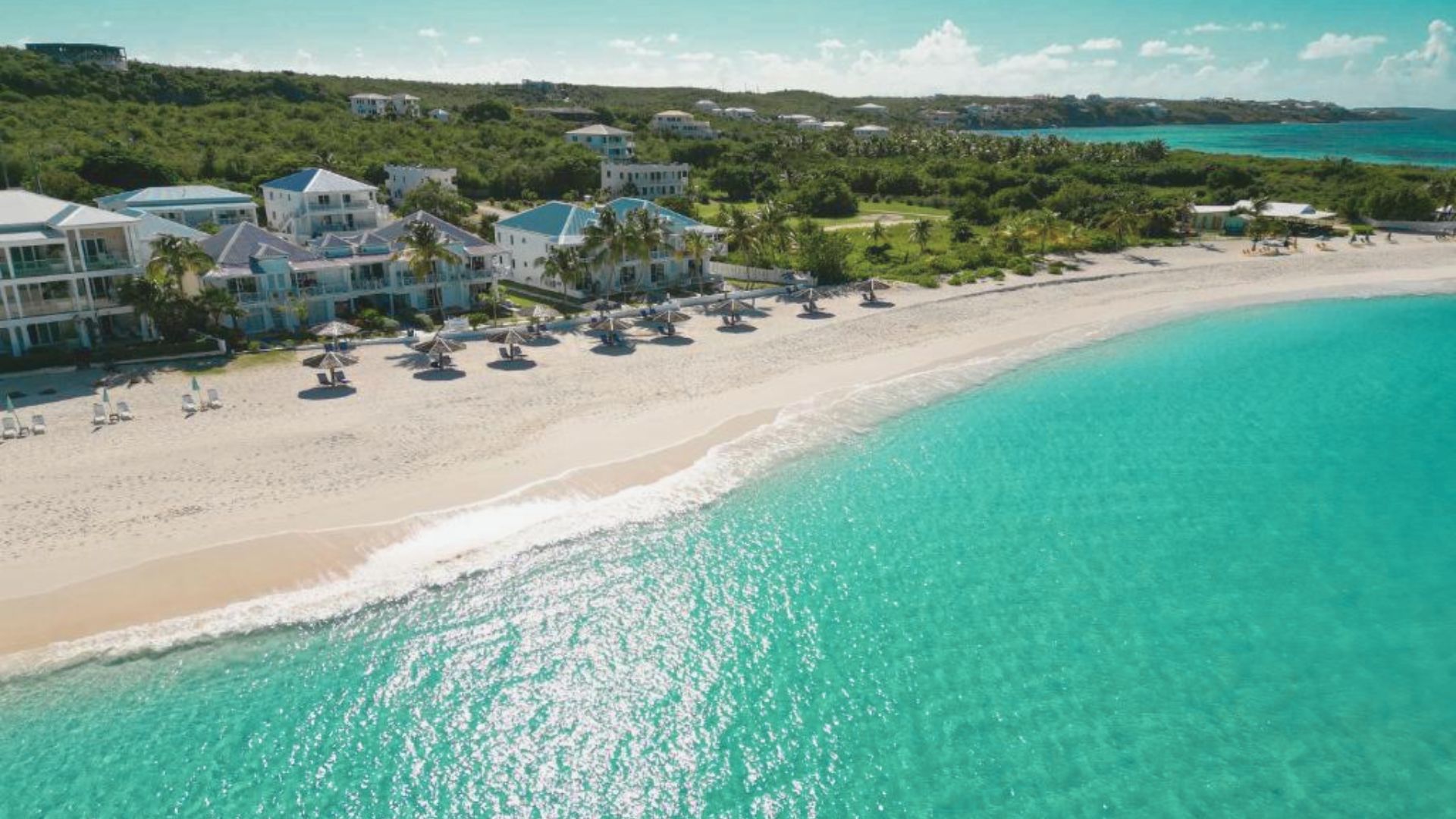 Aerial view of a serene beach with turquoise water, white sand, and shoreline villas shaded by palm trees. The scene exudes tranquility and luxury.