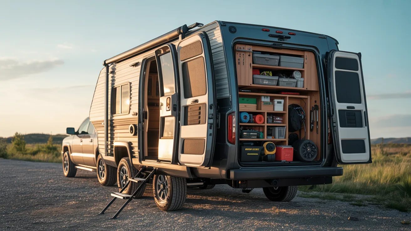 A camper with an open door and a ladder resting on its roof, set against a natural outdoor backdrop.