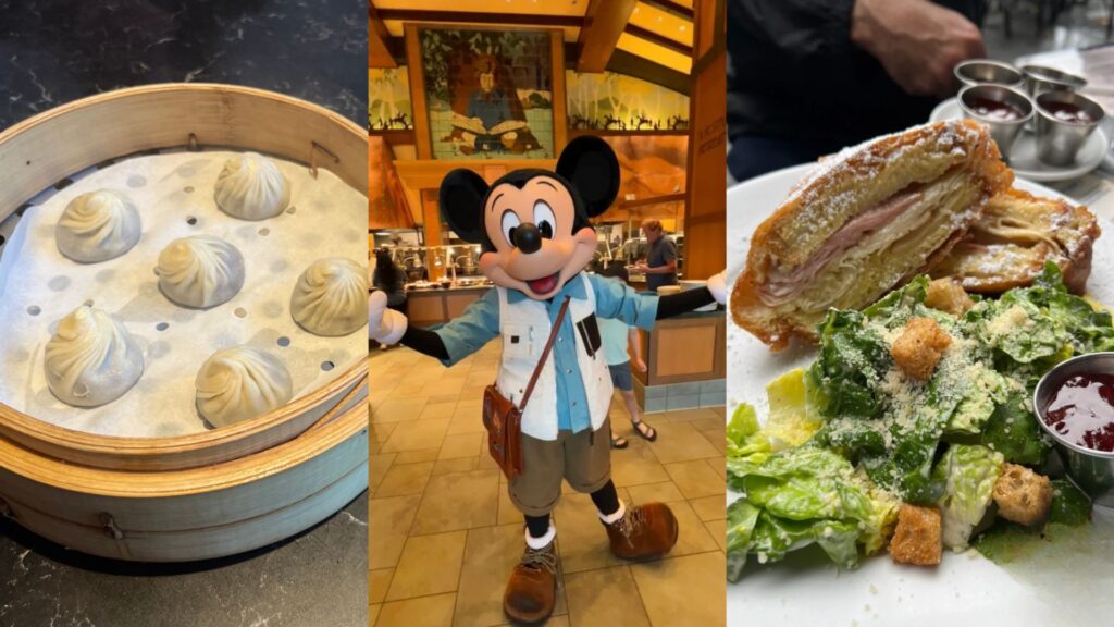 A colorful collage featuring various foods alongside an iconic image of Mickey Mouse.