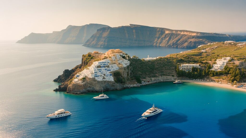 Aerial view of Santorini, showcasing white cliffs and vibrant blue waters surrounding the picturesque Greek island.