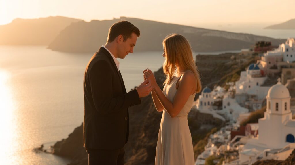 A couple exchanging vows against the stunning backdrop of Santorini's white buildings and blue sea during their wedding.