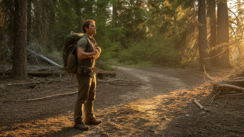 A man with a backpack stands among tall trees in a lush green forest, surrounded by nature.