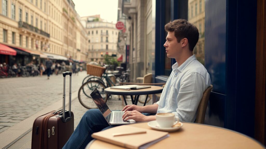 A man sits at a table with a laptop open and a suitcase beside him, focused on his work.