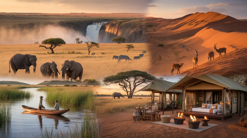 A collage featuring elephants, zebras, and stunning waterfalls in a vibrant natural setting.