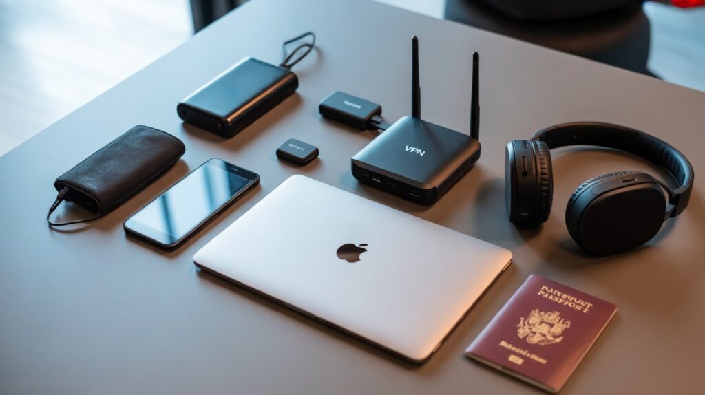 A laptop, headphones, passport, and various items arranged on a table, suggesting preparation for travel or work.