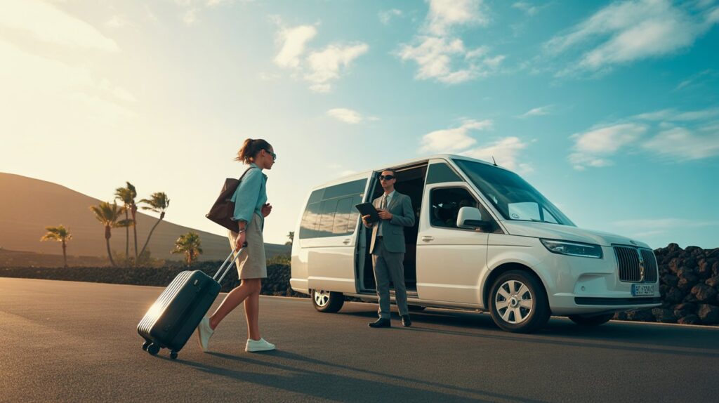 A woman and a man stand beside a white van, both smiling and dressed casually in a sunny outdoor setting.
