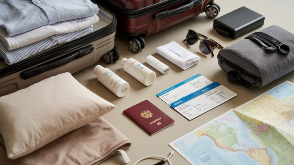 What to Pack for Travel: Your Essential Travel Packing List A collection of travel essentials including a suitcase, passport, map, and travel-sized toiletries arranged on a flat surface.