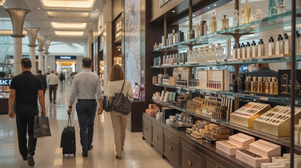 Shoppers browse a cosmetics store, surrounded by shelves stocked with various beauty products.