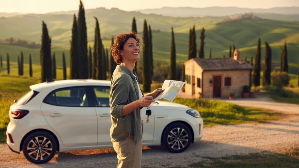A woman stands by her car, holding a map, appearing to plan her route or navigate her surroundings.