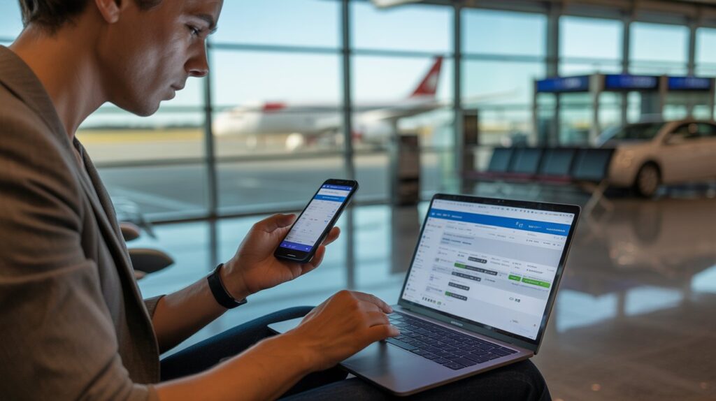 A man at an airport is using a laptop while holding a mobile phone, focused on his work amidst travelers.